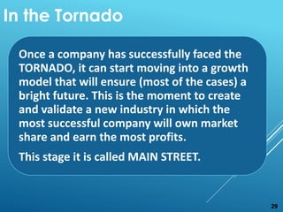 Once a company has successfully faced the
TORNADO, it can start moving into a growth
model that will ensure (most of the cases) a
bright future. This is the moment to create
and validate a new industry in which the
most successful company will own market
share and earn the most profits.
This stage it is called MAIN STREET.
In the Tornado
29
 