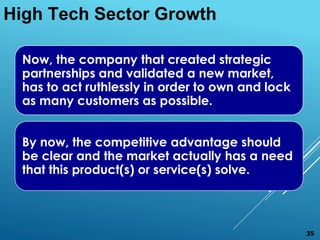 Now, the company that created strategic
partnerships and validated a new market,
has to act ruthlessly in order to own and lock
as many customers as possible.
By now, the competitive advantage should
be clear and the market actually has a need
that this product(s) or service(s) solve.
High Tech Sector Growth
35
 