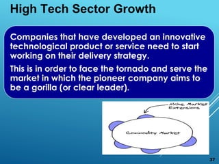 Companies that have developed an innovative
technological product or service need to start
working on their delivery strategy.
This is in order to face the tornado and serve the
market in which the pioneer company aims to
be a gorilla (or clear leader).
High Tech Sector Growth
37
 
