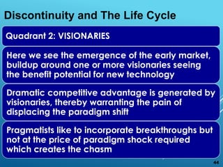Quadrant 2: VISIONARIES
Here we see the emergence of the early market,
buildup around one or more visionaries seeing
the benefit potential for new technology
Dramatic competitive advantage is generated by
visionaries, thereby warranting the pain of
displacing the paradigm shift
Pragmatists like to incorporate breakthroughs but
not at the price of paradigm shock required
which creates the chasm
Discontinuity and The Life Cycle
44
 