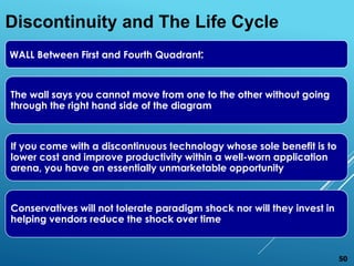 WALL Between First and Fourth Quadrant:
The wall says you cannot move from one to the other without going
through the right hand side of the diagram
If you come with a discontinuous technology whose sole benefit is to
lower cost and improve productivity within a well-worn application
arena, you have an essentially unmarketable opportunity
Conservatives will not tolerate paradigm shock nor will they invest in
helping vendors reduce the shock over time
Discontinuity and The Life Cycle
50
 