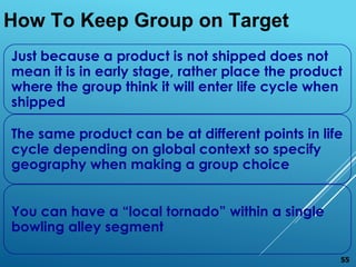 Just because a product is not shipped does not
mean it is in early stage, rather place the product
where the group think it will enter life cycle when
shipped
The same product can be at different points in life
cycle depending on global context so specify
geography when making a group choice
You can have a “local tornado” within a single
bowling alley segment
How To Keep Group on Target
55
 