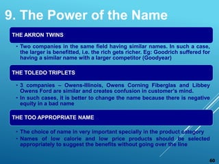 THE AKRON TWINS
• Two companies in the same field having similar names. In such a case,
the larger is benefitted, i.e. the rich gets richer. Eg: Goodrich suffered for
having a similar name with a larger competitor (Goodyear)
THE TOLEDO TRIPLETS
• 3 companies – Owens-Illinois, Owens Corning Fiberglas and Libbey
Owens Ford are similar and creates confusion in customer’s mind.
• In such cases, it is better to change the name because there is negative
equity in a bad name
THE TOO APPROPRIATE NAME
• The choice of name in very important specially in the product category
• Names of low calorie and low price products should be selected
appropriately to suggest the benefits without going over the line
9. The Power of the Name
60
 