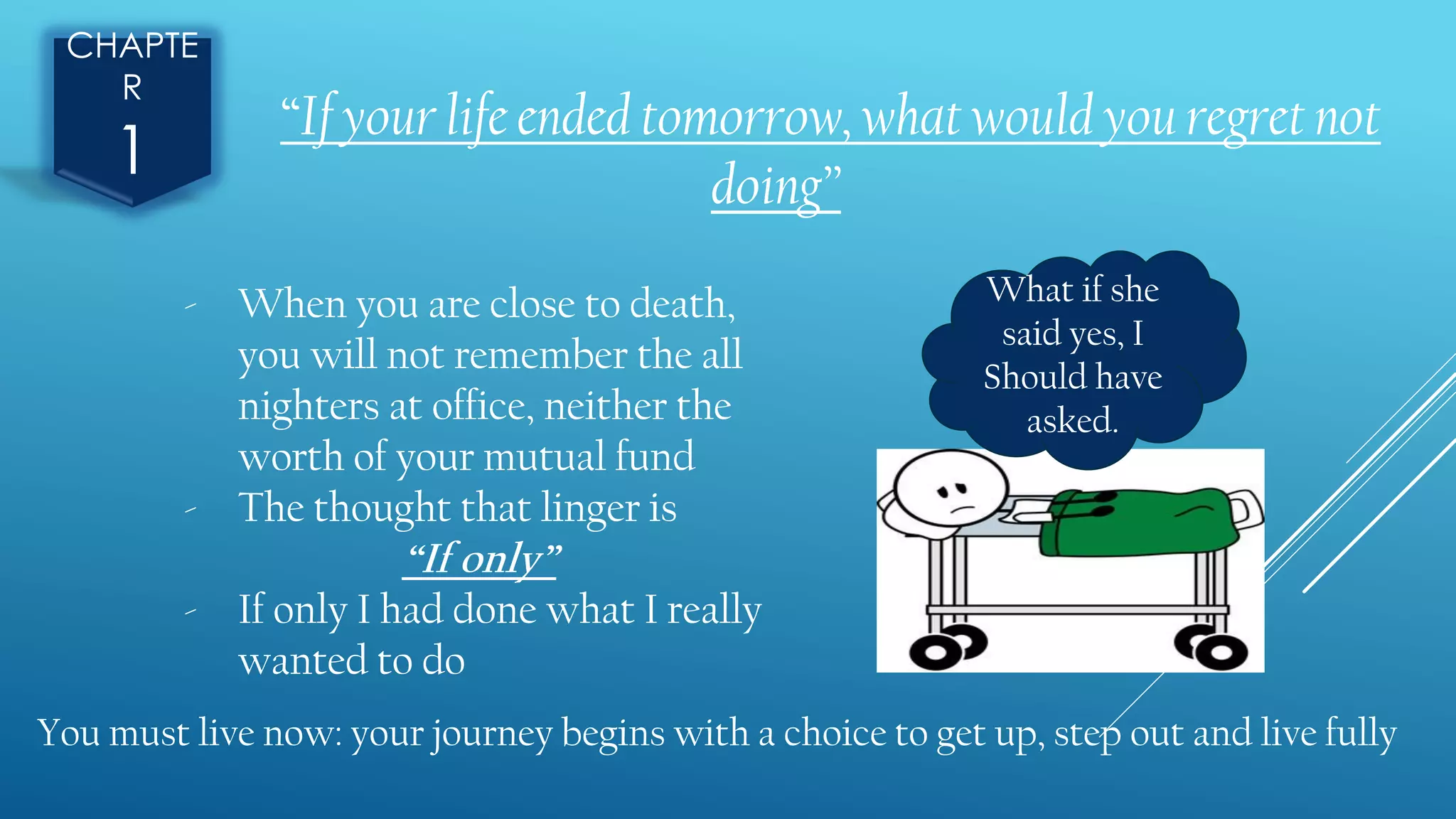 CHAPTE
R
1
“If your life ended tomorrow, what would you regret not
doing”
- When you are close to death,
you will not remember the all
nighters at office, neither the
worth of your mutual fund
- The thought that linger is
“If only”
- If only I had done what I really
wanted to do
You must live now: your journey begins with a choice to get up, step out and live fully
What if she
said yes, I
Should have
asked.
 