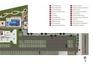 01   Acesso Veículos          12   Espaço Summer
                         02   Acesso Pedestres         13   Praça de Leitura da Reserva
                    11
                         03   Estacionamento           14   Beach Game
                         04   Acesso ao Hall Prainha   15   Praça Fitness da Reserva
          13
                         05   Fitness                  16   Praça do Sol
 15                      06
                              Play Baby                17
                                                            Summer Adventure
                    10
                         07   Brinquedoteca            18   Praça dos Jogos da Reserva
                         08   Acesso ao Hall Grumari   19   Mirante
                         09   Salão de Festas          20   Vilinha da Reserva
14                       10   Churrasqueiras           21   Play Aventura da Reserva
                         11                            22
               12   09        Espaço Lual da Reserva        Pet Walk da Reserva

     04



05


                              03




                                                                    02



                                                                         01
 