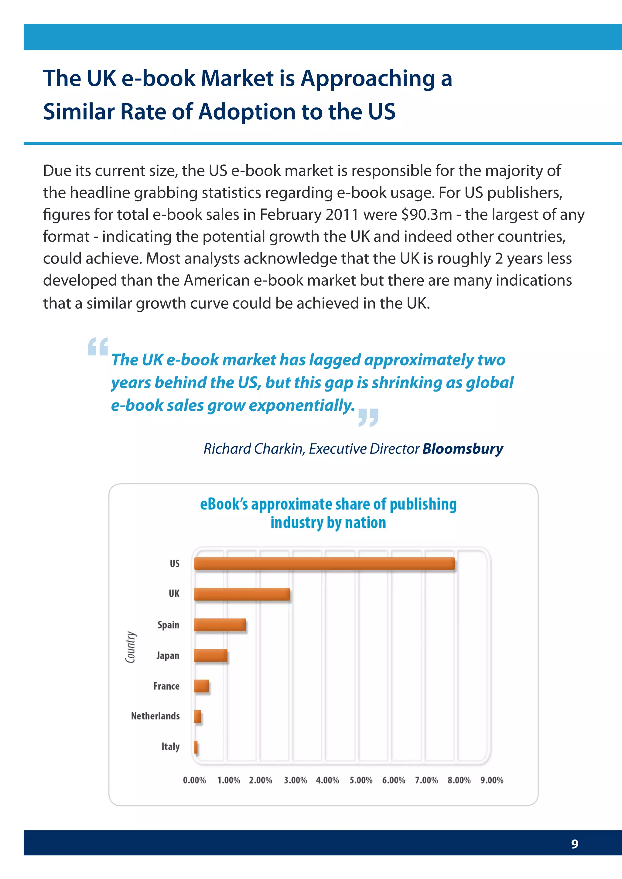“   The UK e-book market has lagged approximately two
    years behind the US, but this gap is shrinking as global
                                       “
    e-book sales grow exponentially.

                Richard Charkin, Executive Director Bloomsbury
 
