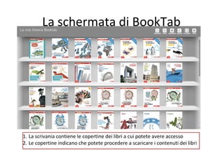 La schermata di BookTab

1. La scrivania contiene le copertine dei libri a cui potete avere accesso
2. Le copertine indicano che potete procedere a scaricare i contenuti dei libri

 