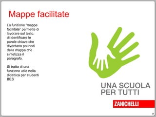 25
Mappe facilitate
La funzione “mappe
facilitate” permette di
lavorare sul testo,
di identificare le
parole chiave che
diventano poi nodi
della mappa che
sintetizza il
paragrafo.
Si tratta di una
funzione utile nella
didattica per studenti
BES
 