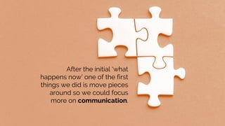 After the initial ‘what
happens now’ one of the first
things we did is move pieces
around so we could focus
more on communication.
 