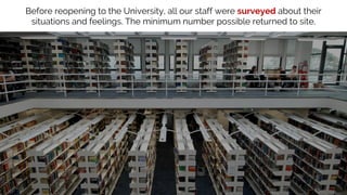 Before reopening to the University, all our staff were surveyed about their
situations and feelings. The minimum number possible returned to site.
 