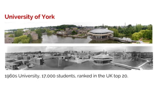 University of York
1960s University, 17,000 students, ranked in the UK top 20.
 
