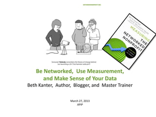 Be Networked, Use Measurement,
      and Make Sense of Your Data
Beth Kanter, Author, Blogger, and Master Trainer

                   March 27, 2013
                       APIP
 