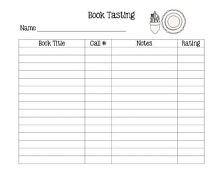 Book Tasting
Name ______________________________

      Book Title       Call #         Notes   Rating
 