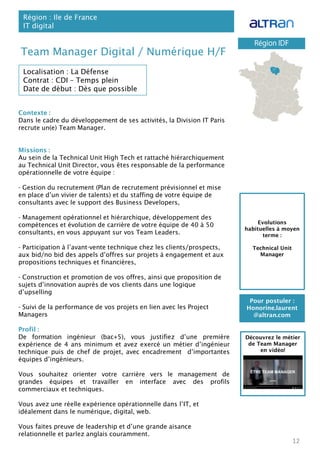 Contexte :
Dans le cadre du développement de ses activités, la Division IT Paris
recrute un(e) Team Manager.
Missions :
Au sein de la Technical Unit High Tech et rattaché hiérarchiquement
au Technical Unit Director, vous êtes responsable de la performance
opérationnelle de votre équipe :
- Gestion du recrutement (Plan de recrutement prévisionnel et mise
en place d’un vivier de talents) et du staffing de votre équipe de
consultants avec le support des Business Developers,
- Management opérationnel et hiérarchique, développement des
compétences et évolution de carrière de votre équipe de 40 à 50
consultants, en vous appuyant sur vos Team Leaders.
- Participation à l’avant-vente technique chez les clients/prospects,
aux bid/no bid des appels d’offres sur projets à engagement et aux
propositions techniques et financières,
- Construction et promotion de vos offres, ainsi que proposition de
sujets d’innovation auprès de vos clients dans une logique
d’upselling
- Suivi de la performance de vos projets en lien avec les Project
Managers
Profil :
De formation ingénieur (bac+5), vous justifiez d’une première
expérience de 4 ans minimum et avez exercé un métier d’ingénieur
technique puis de chef de projet, avec encadrement d’importantes
équipes d’ingénieurs.
Vous souhaitez orienter votre carrière vers le management de
grandes équipes et travailler en interface avec des profils
commerciaux et techniques.
Vous avez une réelle expérience opérationnelle dans l’IT, et
idéalement dans le numérique, digital, web.
Vous faites preuve de leadership et d’une grande aisance
relationnelle et parlez anglais couramment.
Team Manager Digital / Numérique H/F
Région : Ile de France
IT digital
12
Localisation : La Défense
Contrat : CDI – Temps plein
Date de début : Dès que possible
Pour postuler :
Honorine.laurent
@altran.com
Evolutions
habituelles à moyen
terme :
Technical Unit
Manager
Découvrez le métier
de Team Manager
en vidéo!
 