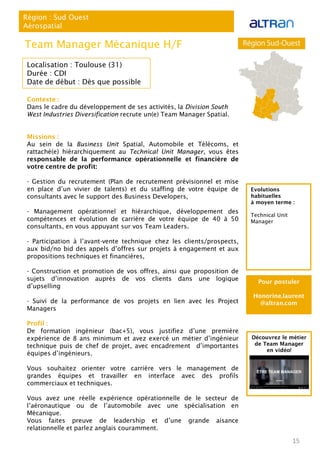 Contexte :
Dans le cadre du développement de ses activités, la Division South
West Industries Diversification recrute un(e) Team Manager Spatial.
Missions :
Au sein de la Business Unit Spatial, Automobile et Télécoms, et
rattaché(e) hiérarchiquement au Technical Unit Manager, vous êtes
responsable de la performance opérationnelle et financière de
votre centre de profit:
- Gestion du recrutement (Plan de recrutement prévisionnel et mise
en place d’un vivier de talents) et du staffing de votre équipe de
consultants avec le support des Business Developers,
- Management opérationnel et hiérarchique, développement des
compétences et évolution de carrière de votre équipe de 40 à 50
consultants, en vous appuyant sur vos Team Leaders.
- Participation à l’avant-vente technique chez les clients/prospects,
aux bid/no bid des appels d’offres sur projets à engagement et aux
propositions techniques et financières,
- Construction et promotion de vos offres, ainsi que proposition de
sujets d’innovation auprès de vos clients dans une logique
d’upselling
- Suivi de la performance de vos projets en lien avec les Project
Managers
Profil :
De formation ingénieur (bac+5), vous justifiez d’une première
expérience de 8 ans minimum et avez exercé un métier d’ingénieur
technique puis de chef de projet, avec encadrement d’importantes
équipes d’ingénieurs.
Vous souhaitez orienter votre carrière vers le management de
grandes équipes et travailler en interface avec des profils
commerciaux et techniques.
Vous avez une réelle expérience opérationnelle de le secteur de
l’aéronautique ou de l’automobile avec une spécialisation en
Mécanique.
Vous faites preuve de leadership et d’une grande aisance
relationnelle et parlez anglais couramment.
15
Région : Sud Ouest
Aérospatial
Team Manager Mécanique H/F
Localisation : Toulouse (31)
Durée : CDI
Date de début : Dès que possible
Pour postuler
Honorine.laurent
@altran.com
Evolutions
habituelles
à moyen terme :
Technical Unit
Manager
Découvrez le métier
de Team Manager
en vidéo!
 