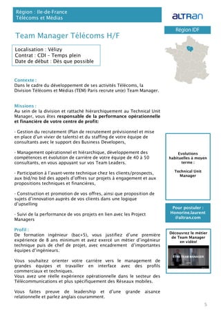 Team Manager Télécoms H/F
Contexte :
Dans le cadre du développement de ses activités Télécoms, la
Division Télécoms et Médias (TEM) Paris recrute un(e) Team Manager.
Missions :
Au sein de la division et rattaché hiérarchiquement au Technical Unit
Manager, vous êtes responsable de la performance opérationnelle
et financière de votre centre de profit:
- Gestion du recrutement (Plan de recrutement prévisionnel et mise
en place d’un vivier de talents) et du staffing de votre équipe de
consultants avec le support des Business Developers,
- Management opérationnel et hiérarchique, développement des
compétences et évolution de carrière de votre équipe de 40 à 50
consultants, en vous appuyant sur vos Team Leaders.
- Participation à l’avant-vente technique chez les clients/prospects,
aux bid/no bid des appels d’offres sur projets à engagement et aux
propositions techniques et financières,
- Construction et promotion de vos offres, ainsi que proposition de
sujets d’innovation auprès de vos clients dans une logique
d’upselling
- Suivi de la performance de vos projets en lien avec les Project
Managers
Profil :
De formation ingénieur (bac+5), vous justifiez d’une première
expérience de 8 ans minimum et avez exercé un métier d’ingénieur
technique puis de chef de projet, avec encadrement d’importantes
équipes d’ingénieurs.
Vous souhaitez orienter votre carrière vers le management de
grandes équipes et travailler en interface avec des profils
commerciaux et techniques.
Vous avez une réelle expérience opérationnelle dans le secteur des
Télécommunications et plus spécifiquement des Réseaux mobiles.
Vous faites preuve de leadership et d’une grande aisance
relationnelle et parlez anglais couramment.
Région : Ile-de-France
Télécoms et Médias
5
Localisation : Vélizy
Contrat : CDI – Temps plein
Date de début : Dès que possible
Pour postuler :
Honorine.laurent
@altran.com
Evolutions
habituelles à moyen
terme :
Technical Unit
Manager
Découvrez le métier
de Team Manager
en vidéo!
 