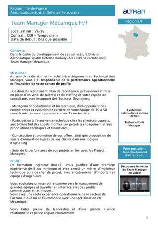 Team Manager Mécanique H/F
Contexte :
Dans le cadre du développement de ses activités, la Division
Aéronautique Spatial Défense Railway (ASD-R) Paris recrute un(e)
Team Manager Mécanique.
Missions :
Au sein de la division et rattaché hiérarchiquement au Technical Unit
Manager, vous êtes responsable de la performance opérationnelle
et financière de votre centre de profit:
- Gestion du recrutement (Plan de recrutement prévisionnel et mise
en place d’un vivier de talents) et du staffing de votre équipe de
consultants avec le support des Business Developers,
- Management opérationnel et hiérarchique, développement des
compétences et évolution de carrière de votre équipe de 40 à 50
consultants, en vous appuyant sur vos Team Leaders.
- Participation à l’avant-vente technique chez les clients/prospects,
aux bid/no bid des appels d’offres sur projets à engagement et aux
propositions techniques et financières,
- Construction et promotion de vos offres, ainsi que proposition de
sujets d’innovation auprès de vos clients dans une logique
d’upselling
- Suivi de la performance de vos projets en lien avec les Project
Managers
Profil :
De formation ingénieur (bac+5), vous justifiez d’une première
expérience de 8 ans minimum et avez exercé un métier d’ingénieur
technique puis de chef de projet, avec encadrement d’importantes
équipes d’ingénieurs.
Vous souhaitez orienter votre carrière vers le management de
grandes équipes et travailler en interface avec des profils
commerciaux et techniques.
Vous avez une réelle expérience opérationnelle de le secteur de
l’aéronautique ou de l’automobile avec une spécialisation en
Mécanique.
Vous faites preuve de leadership et d’une grande aisance
relationnelle et parlez anglais couramment.
Région : Ile-de-France
Aéronautique Spatial Défense Ferroviaire
8
Localisation : Vélizy
Contrat : CDI – Temps plein
Date de début : Dès que possible
Pour postuler :
Honorine.laurent
@altran.com
Evolutions
habituelles à moyen
terme :
Technical Unit
Manager
Découvrez le métier
de Team Manager
en vidéo!
 
