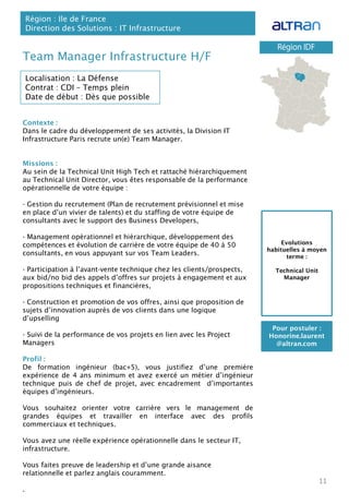 Contexte :
Dans le cadre du développement de ses activités, la Division IT
Infrastructure Paris recrute un(e) Team Manager.
Missions :
Au sein de la Technical Unit High Tech et rattaché hiérarchiquement
au Technical Unit Director, vous êtes responsable de la performance
opérationnelle de votre équipe :
- Gestion du recrutement (Plan de recrutement prévisionnel et mise
en place d’un vivier de talents) et du staffing de votre équipe de
consultants avec le support des Business Developers,
- Management opérationnel et hiérarchique, développement des
compétences et évolution de carrière de votre équipe de 40 à 50
consultants, en vous appuyant sur vos Team Leaders.
- Participation à l’avant-vente technique chez les clients/prospects,
aux bid/no bid des appels d’offres sur projets à engagement et aux
propositions techniques et financières,
- Construction et promotion de vos offres, ainsi que proposition de
sujets d’innovation auprès de vos clients dans une logique
d’upselling
- Suivi de la performance de vos projets en lien avec les Project
Managers
Profil :
De formation ingénieur (bac+5), vous justifiez d’une première
expérience de 4 ans minimum et avez exercé un métier d’ingénieur
technique puis de chef de projet, avec encadrement d’importantes
équipes d’ingénieurs.
Vous souhaitez orienter votre carrière vers le management de
grandes équipes et travailler en interface avec des profils
commerciaux et techniques.
Vous avez une réelle expérience opérationnelle dans le secteur IT,
infrastructure.
Vous faites preuve de leadership et d’une grande aisance
relationnelle et parlez anglais couramment.
.
Team Manager Infrastructure H/F
Région : Ile de France
Direction des Solutions : IT Infrastructure
11
Localisation : La Défense
Contrat : CDI – Temps plein
Date de début : Dès que possible
Pour postuler :
Honorine.laurent
@altran.com
Evolutions
habituelles à moyen
terme :
Technical Unit
Manager
 