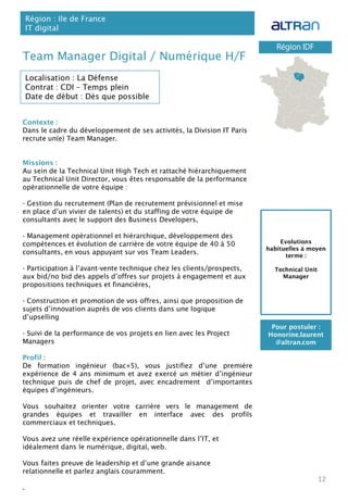 Contexte :
Dans le cadre du développement de ses activités, la Division IT Paris
recrute un(e) Team Manager.
Missions :
Au sein de la Technical Unit High Tech et rattaché hiérarchiquement
au Technical Unit Director, vous êtes responsable de la performance
opérationnelle de votre équipe :
- Gestion du recrutement (Plan de recrutement prévisionnel et mise
en place d’un vivier de talents) et du staffing de votre équipe de
consultants avec le support des Business Developers,
- Management opérationnel et hiérarchique, développement des
compétences et évolution de carrière de votre équipe de 40 à 50
consultants, en vous appuyant sur vos Team Leaders.
- Participation à l’avant-vente technique chez les clients/prospects,
aux bid/no bid des appels d’offres sur projets à engagement et aux
propositions techniques et financières,
- Construction et promotion de vos offres, ainsi que proposition de
sujets d’innovation auprès de vos clients dans une logique
d’upselling
- Suivi de la performance de vos projets en lien avec les Project
Managers
Profil :
De formation ingénieur (bac+5), vous justifiez d’une première
expérience de 4 ans minimum et avez exercé un métier d’ingénieur
technique puis de chef de projet, avec encadrement d’importantes
équipes d’ingénieurs.
Vous souhaitez orienter votre carrière vers le management de
grandes équipes et travailler en interface avec des profils
commerciaux et techniques.
Vous avez une réelle expérience opérationnelle dans l’IT, et
idéalement dans le numérique, digital, web.
Vous faites preuve de leadership et d’une grande aisance
relationnelle et parlez anglais couramment.
.
Team Manager Digital / Numérique H/F
Région : Ile de France
IT digital
12
Localisation : La Défense
Contrat : CDI – Temps plein
Date de début : Dès que possible
Pour postuler :
Honorine.laurent
@altran.com
Evolutions
habituelles à moyen
terme :
Technical Unit
Manager
 