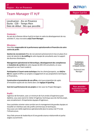 Contexte :
Au sein de la Division Altran Sud-Est et dans le cadre du développement de nos
activités IT, nous recrutons un(e) Team Manager.
Missions :
Vous êtes responsable de la performance opérationnelle et financière de votre
centre de profit :
Gestion du recrutement (Plan de recrutement prévisionnel et mise en place d’un
vivier de talents) et du staffing de votre équipe de consultants avec le support
des Business Developers,
Management opérationnel et hiérarchique, développement des compétences
et évolution de carrière de votre équipe de [40 à 50 consultants, en vous
appuyant sur vos Team Leaders].
Participation à l’avant-vente technique chez les clients/prospects, aux bid/no
bid des appels d’offres sur projets à engagement et aux propositions techniques
et financières,
Construction et promotion de vos offres, ainsi que proposition de sujets
d’innovation auprès de vos clients dans une logique d’upselling
Suivi de la performance de vos projets en lien avec les Project Managers
Profil :
Ingénieur de formation, avec un minimum de huit années d’expérience post-
diplôme, vous avez exercé le métier d’ingénieur technique puis de chef de projet,
avec encadrement d’importantes équipes d’ingénieurs.
Vous souhaitez orienter votre carrière vers le management de grandes équipes et
travailler en interface avec des profils commerciaux et techniques.
Vous avez une réelle expérience opérationnelle dans le secteur de l’IT et de
l’infrastructure.
Vous faite preuve de leadership et d’une grande aisance relationnelle et parlez
anglais couramment.
14
IT
Région : Aix en Provence
Pour postuler:
Honorine.laurent
@altran.com
Evolutions
habituelles
à moyen terme :
Technical Unit
Manager
Localisation : Aix en Provence
Durée : CDI – Temps Plein
Date de début : Dès que possible
Team Manager IT H/F
 
