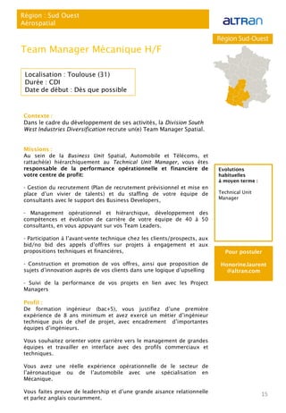 Contexte :
Dans le cadre du développement de ses activités, la Division South
West Industries Diversification recrute un(e) Team Manager Spatial.
Missions :
Au sein de la Business Unit Spatial, Automobile et Télécoms, et
rattaché(e) hiérarchiquement au Technical Unit Manager, vous êtes
responsable de la performance opérationnelle et financière de
votre centre de profit:
- Gestion du recrutement (Plan de recrutement prévisionnel et mise en
place d’un vivier de talents) et du staffing de votre équipe de
consultants avec le support des Business Developers,
- Management opérationnel et hiérarchique, développement des
compétences et évolution de carrière de votre équipe de 40 à 50
consultants, en vous appuyant sur vos Team Leaders.
- Participation à l’avant-vente technique chez les clients/prospects, aux
bid/no bid des appels d’offres sur projets à engagement et aux
propositions techniques et financières,
- Construction et promotion de vos offres, ainsi que proposition de
sujets d’innovation auprès de vos clients dans une logique d’upselling
- Suivi de la performance de vos projets en lien avec les Project
Managers
Profil :
De formation ingénieur (bac+5), vous justifiez d’une première
expérience de 8 ans minimum et avez exercé un métier d’ingénieur
technique puis de chef de projet, avec encadrement d’importantes
équipes d’ingénieurs.
Vous souhaitez orienter votre carrière vers le management de grandes
équipes et travailler en interface avec des profils commerciaux et
techniques.
Vous avez une réelle expérience opérationnelle de le secteur de
l’aéronautique ou de l’automobile avec une spécialisation en
Mécanique.
Vous faites preuve de leadership et d’une grande aisance relationnelle
et parlez anglais couramment.
15
Région : Sud Ouest
Aérospatial
Team Manager Mécanique H/F
Localisation : Toulouse (31)
Durée : CDI
Date de début : Dès que possible
Pour postuler
Honorine.laurent
@altran.com
Evolutions
habituelles
à moyen terme :
Technical Unit
Manager
 