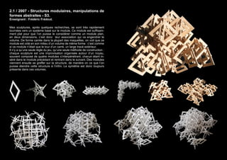 2.1 / 2007 - Structures modulaires, manipulations de 
formes abstraites - S3. 
Enseignant : Frédéric Frédout. 
Mes sculptures, après quelques recherches, se sont très rapidement 
tournées vers un système basé sur le module. Ce module est suffisam-ment 
plat pour que l’on puisse le considérer comme un module plan, 
en deux dimensions, c’est donc leur association qui va engendrer le 
volume. De forme carrée dans la plupart des maquettes, on voit que ce 
module est vidé en son milieu d’un volume de même forme : c’est comme 
si ce module n’était que le tour d’un carré, un large tracé extérieur. 
Il n’y a qu’une seule règle du jeu, qu’une seule méthode de construction : 
chaque sculpture est une improvisation organisée autour d’un noyau, 
souvent composé de quatre modules s’interpénétrant, chacun étant in-séré 
dans le module précédant et rentrant dans le suivant. Des modules 
viennent ensuite se greffer sur la structure, de manière on ce que l’on 
puisse étendre cette structure à l’infini. La symétrie est donc toujours 
présente dans ces volumes. 
 