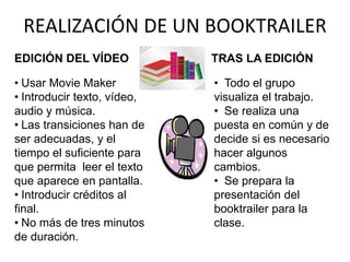 REALIZACIÓN DE UN BOOKTRAILER
EDICIÓN DEL VÍDEO
• Usar Movie Maker
• Introducir texto, vídeo,
audio y música.
• Las transiciones han de
ser adecuadas, y el
tiempo el suficiente para
que permita leer el texto
que aparece en pantalla.
• Introducir créditos al
final.
• No más de tres minutos
de duración.
TRAS LA EDICIÓN
• Todo el grupo
visualiza el trabajo.
• Se realiza una
puesta en común y de
decide si es necesario
hacer algunos
cambios.
• Se prepara la
presentación del
booktrailer para la
clase.
 