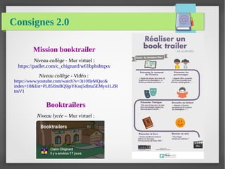 Consignes 2.0
Booktrailers
Niveau lycée – Mur virtuel :
Mission booktrailer
Niveau collège - Mur virtuel :
https://padlet.com/c_chignard/w61bphshtqxv
Niveau collège - Vidéo : 
https://www.youtube.com/watch?v=3t10fIeMQuc&
index=18&list=PL85IImBQ9jpYKnq5dlma5EMyo1LZR
tmV1
 