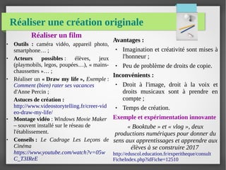 Réaliser une création originale
Réaliser un film
● Outils : caméra vidéo, appareil photo,
smartphone… ;
● Acteurs possibles : élèves, jeux
(playmobils, legos, poupées…), « mains-
chaussettes »… ;
● Réaliser un « Draw my life », Exemple :
Comment (bien) rater ses vacances
d'Anne Percin ;
Astuces de création :
http://www.videostorytelling.fr/creer-vid
eo-draw-my-life/
● Montage vidéo : Windows Movie Maker
– souvent installé sur le réseau de
l'établissement.
● Conseils : Le Cadrage Les Leçons de
Cinéma
https://www.youtube.com/watch?v=05w
C_T3IReE
Avantages :
● Imagination et créativité sont mises à
l'honneur ;
● Peu de problème de droits de copie.
Inconvénients :
● Droit à l'image, droit à la voix et
droits musicaux sont à prendre en
compte ;
● Temps de création.
Exemple et expérimentation innovante
« Booktube » et « vlog », deux
productions numériques pour donner du
sens aux apprentissages et apprendre aux
élèves à se construire 2017
http://eduscol.education.fr/experitheque/consult
FicheIndex.php?idFiche=12510
 