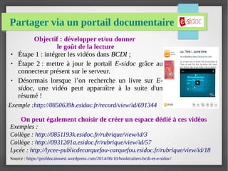 Partager via un portail documentaire
Objectif : développer et/ou donner
le goût de la lecture
● Étape 1 : intégrer les vidéos dans BCDI ;
● Étape 2 : mettre à jour le portail E-sidoc grâce au
connecteur présent sur le serveur.
● Désormais lorsque l’on recherche un livre sur E-
sidoc, une vidéo peut apparaître à la suite d'un
résumé !
Exemple :http://0850639h.esidoc.fr/record/view/id/691344
On peut également choisir de créer un espace dédié à ces vidéos
Exemples :
Collège : http://0851193k.esidoc.fr/rubrique/view/id/3
Collège : http://0931201a.esidoc.fr/rubrique/view/id/57
Lycée : http://lycee-publicdecarquefou-carquefou.esidoc.fr/rubrique/view/id/18
Source : https://profdocalouest.wordpress.com/2014/06/10/booktrailers-bcdi-et-e-sidoc/
 