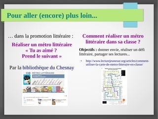 Pour aller (encore) plus loin...
… dans la promotion littéraire :
Réaliser un métro littéraire
« Tu as aimé ?
Prend le suivant »
Par la bibliothèque du Chesnay
Comment réaliser un métro
littéraire dans sa classe ?
Objectifs : donner envie, réaliser un défi
littéraire, partager ses lectures...
● http://www.lecturejeunesse.org/articles/comment-
utiliser-la-carte-de-metro-litteraire-en-classe/
 