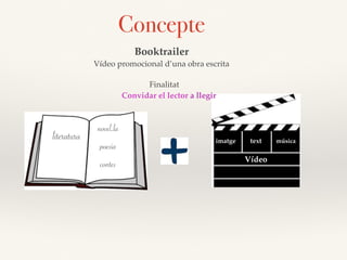 Booktrailer
Vídeo promocional d’una obra escrita
Concepte
literatura
poesia
novel.la
contes Vídeo
imatge text música
Convidar el lector a llegir
Finalitat
 