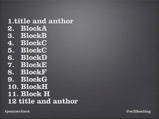 #pennwriters @willkesling
1.title and author
2. BlockA
3. BlockB
4. BlockC
5. BlockC
6. BlockD
7. BlockE
8. BlockF
9. BlockG
10. BlockH
11. Block H
12 title and author
 