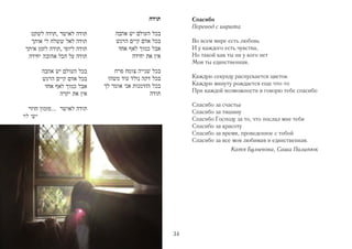 Спасибо
     Перевод с иврита

     Во всем мире есть любовь
     И у каждого есть чувства,
     Но такой как ты ни у кого нет
     Моя ты единственная.

     Каждую секунду распускается цветок
     Каждую минуту рождается еще что-то
     При каждой возможности я говорю тебе спасибо

     Спасибо за счастье
     Спасибо за тишину
     Спасибо Господу за то, что послал мне тебя
     Спасибо за красоту
     Спасибо за время, проведенное с тобой
     Спасибо за все моя любимая и единственная.
                   Катя Булычова, Саша Пилипюк




34
 