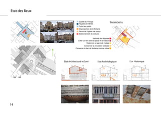 Etat des lieux

                                 Qualité du Pavage
                                 Façades d’intêrets
                                                                            Intentions
                                 Futur lieu public
                                 Disproportion de la fontaine
                                 Parvis de l’église mal conçu
                                 Stationnement de voitures

                                                   Visibilité des façades
                                Créer un lien entre la place et la maison
                                           Redonner un parvis à l’église
                                       Conserver la circulation voitures
                             Conserver le bac de fontaine comme rotule




                 Etat Architectural et Sani-             Etat Archéologique              Etat Historique




14
 