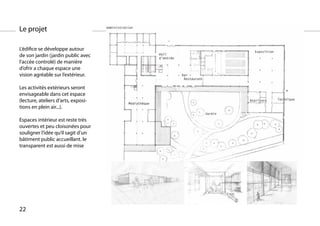 Le projet

L’édifice se développe autour
de son jardin (jardin public avec
l’accèe controlé) de manière
d’ofrir a chaque espace une
vision agréable sur l’extérieur.

Les activités extérieurs seront
envisageable dans cet espace
(lecture, ateliers d’arts, exposi-
tions en plein air...).

Espaces intérieur est reste très
ouvertes et peu cloisonées pour
souligner l’idée qu’il sagit d’un
bâtiment public accueillant. le
transparent est aussi de mise




22
 