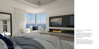 R E D E F I N E T H E B O U N D A R I E S 
O F D E S I G N 
As a part of the prevalent philosophy of Via Mare – the 
buyers will enjoy extraordinary design flexibility as well 
various division options to several separate units. 
All apartments will be equipped with especially rich 
technical specifications. 
Redéfinir les limites de la planification 
Dans le cadre de la conception du projet Via Mare, les acquéreurs 
jouiront d’une exceptionnelle souplesse de planification, ainsi 
que de diverses possibilités de diviser l’espace en plusieurs unités 
distinctes. Tous les appartements seront munis d’un équipement 
particulièrement varié, suivant l’usage des résidences de luxe. 
Bedroom suite with panoramic windows overlooking the sea is in a Top Residence apartment (illustration) 
La suite-chambre à coucher avec fenêtres panoramiques avec vue sur mer dans un appartement du type Top Residences (illustration) 
66 67 
 