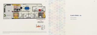 4241
O terraço é área comum do edifício, de uso e gozo exclusivo do proprietário da unidade 103, conforme previsto na convenção de condomínio. Esta é uma planta provisória sujeita à alteração sem aviso prévio.
O projeto poderá sofrer modificações decorrentes das posturas municipais, concessionárias e do próprio local. A planta não apresenta localização de pilares e prumadas de instalações. As áreas descritas
são referentes às áreas privativas de cada unidade. Essas áreas privativas representam as áreas dos compartimentos somados às suas áreas de paredes. As cotas são dimensões de eixo a eixo de paredes
do estudo de layout apresentado.
Planta padrão
Sala 2 quartos
planta térreo - 103
BS”DBS”D
 