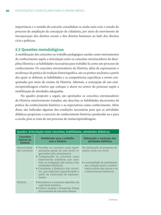 80 ORIENTAÇÕES CURRICULARES PARA O ENSINO MÉDIO
importância e o sentido do conceito consolidam-se ainda mais com o estudo do
processo de ampliação da concepção de cidadania, por meio do movimento de
incorporação dos direitos sociais e dos direitos humanos ao lado dos direitos
civis e políticos.
2.2 Questões metodológicas
A mobilização dos conceitos no trabalho pedagógico escolar como instrumentos
de conhecimento supõe a articulação entre os conceitos estruturadores da disci-
plina História e as habilidades necessárias para trabalhá-la como um processo de
conhecimento. Os conceitos estruturadores da História, além de expressarem o
arcabouço da prática da tradição historiográﬁca, são os pontos nucleares a partir
dos quais se deﬁnem as habilidades e as competências especíﬁcas a serem con-
quistadas por meio do ensino da História. Ademais, a concepção de um ensi-
no/aprendizagem criativo que coloque o aluno no centro do processo supõe a
mobilização de atividades adequadas.
No quadro proposto a seguir, são apontados os conceitos estruturadores
da História anteriormente tratados; são descritas as habilidades decorrentes da
prática do conhecimento histórico e as expectativas como conhecimento. Além
disso, são indicadas algumas das condições necessárias para que as atividades
didáticas propiciem o exercício do conhecimento histórico produzido na e para
a escola, pois se trata de um processo de ensino/aprendizagem.
Continua...
Conceitos
básicos da
História
Habilidades para o trabalho
com a História
Elaboração e condução das
atividades didáticas
Historicidade
dos conceitos
• Perceber os conceitos como repre-
sentações gerais do real social or-
ganizadas pelo pensamento.
• Compreender os conceitos como
expectativas analíticas que auxi-
liam na indagação das fontes e das
realidades históricas.
• Considerar a dinâmica dos concei-
tos, que adquirem especiﬁcidade a
partir da construção de represen-
tações.
Na elaboração da proposta de
ensino, levar em conta:
• a necessidade de problemati-
zar a relação entre o conheci-
mento prévio dos alunos e os
conhecimentos históricos;
História • Reconhecer a natureza especíﬁca de
cada fonte histórica.
• Criticar, analisar e interpretar fontes
documentais de natureza diversa.
Quadro: Articulação entre conceitos, habilidades, atividades didáticas
 