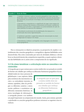 56 ORIENTAÇÕES CURRICULARES PARA O ENSINO MÉDIO
Quadro 3 – Eixos de Área
ÁREA 1. Analisar, construir e aplicar conceitos geográﬁcos, bem como das
áreas aﬁns, para a compreensão de fenômenos naturais, de processos
geo-históricos, da produção tecnológica, das manifestações culturais,
artísticas.
2. Reconhecer a importância e o signiﬁcado do lugar como espaço de
vivência cotidiana dos homens e instrumento de estudo e analise da
realidade para perceber a capacidade e as potencialidades de ação de
cada indivíduo no exercício da cidadania.
3. Reconhecer os processos de mundialização dos espaços e a
constituição das novas regionalizações.
4. Conhecer e perceber o papel dos meios de comunicação na atual
conﬁguração do espaço e do tempo.
5. Reconhecer e utilizar a cartograﬁa como linguagem nos diversos
temas geográﬁcos.
Para se alcançarem os objetivos propostos, na perspectiva de ampliar o en-
tendimento dos conceitos geográﬁcos e cartográﬁcos, algumas habilidades serão
desenvolvidas. Elas serão construídas por meio de atividades didáticas e devem
levar ao desenvolvimento das competências requeridas, as quais supõem o domí-
nio das habilidades em si, assim como a compreensão do seu signiﬁcado.
3.2 Os eixos temáticos: a articulação entre os conceitos e os
conteúdos
A Geograﬁa que se quer ensinar para o ensino médio deve ser pensada no sentido
de formar um cidadão que conheça os diferentes fenômenos geográﬁcos da atu-
alidade tendo em vista o processo de
globalização e suas rupturas, dadas
pela resistência dos movimentos so-
ciais e as contradições inerentes ao
sistema capitalista, além de privile-
giar os diferentes cenários e atores
sociais, políticos e econômicos em
diferentes momentos históricos. As
novas tecnologias de informação e
a cartograﬁa passam a ter também
um papel importante na compreensão do mundo. Assim, para ensinar, aprender
e aprofundar os conceitos geográﬁcos podemos estruturar os seguintes eixos te-
máticos:
A Geograﬁa que se quer para
o ensino médio deve ser
pensada no sentido de formar
um cidadão que conheça
os diferentes fenômenos
geográﬁcos ...
 