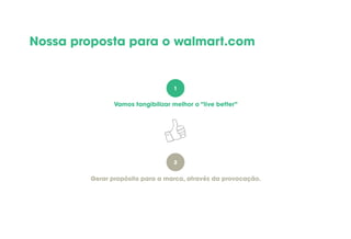 Vamos tangibilizar melhor o “live better”
Gerar propósito para a marca, através da provocação.
1
2
Nossa proposta para o walmart.com
 