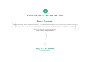 ”“
Vamos tangibilizar melhor o “live better”
Insight/Tensão #1
Proposta da marca
1
Nessa rotina tão agitada, preciso otimizar minha vida, inclusive as compras. Eu até considero comprar
online... Mas como é complicado, zilhões de sites, ofertas, informações, tempo de entrega...
E aquela perguntinha que martela:
Será que eu comprei certo?
COMPRE CERTO
 
