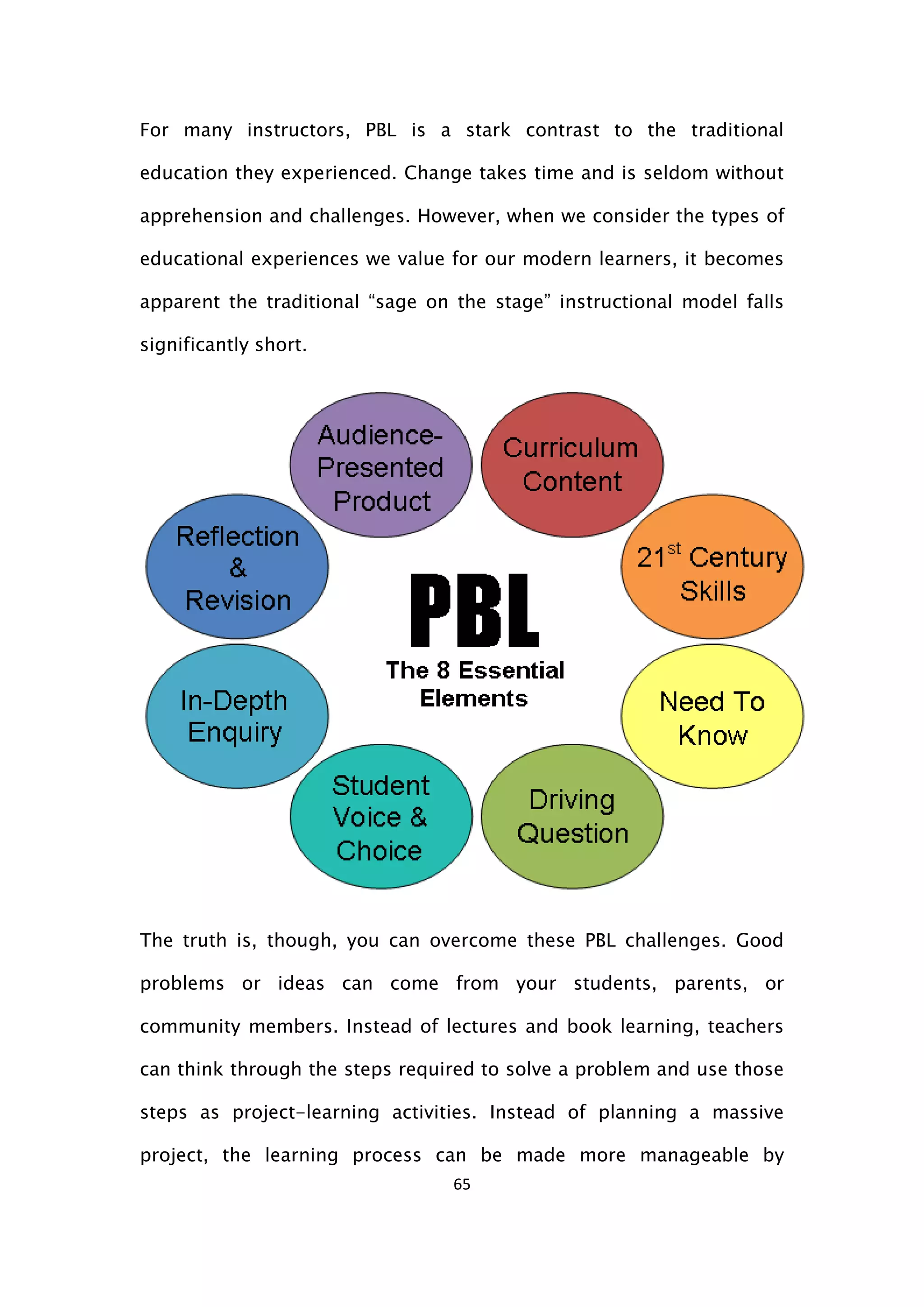 65
For many instructors, PBL is a stark contrast to the traditional
education they experienced. Change takes time and is seldom without
apprehension and challenges. However, when we consider the types of
educational experiences we value for our modern learners, it becomes
apparent the traditional “sage on the stage” instructional model falls
significantly short.
The truth is, though, you can overcome these PBL challenges. Good
problems or ideas can come from your students, parents, or
community members. Instead of lectures and book learning, teachers
can think through the steps required to solve a problem and use those
steps as project-learning activities. Instead of planning a massive
project, the learning process can be made more manageable by
 