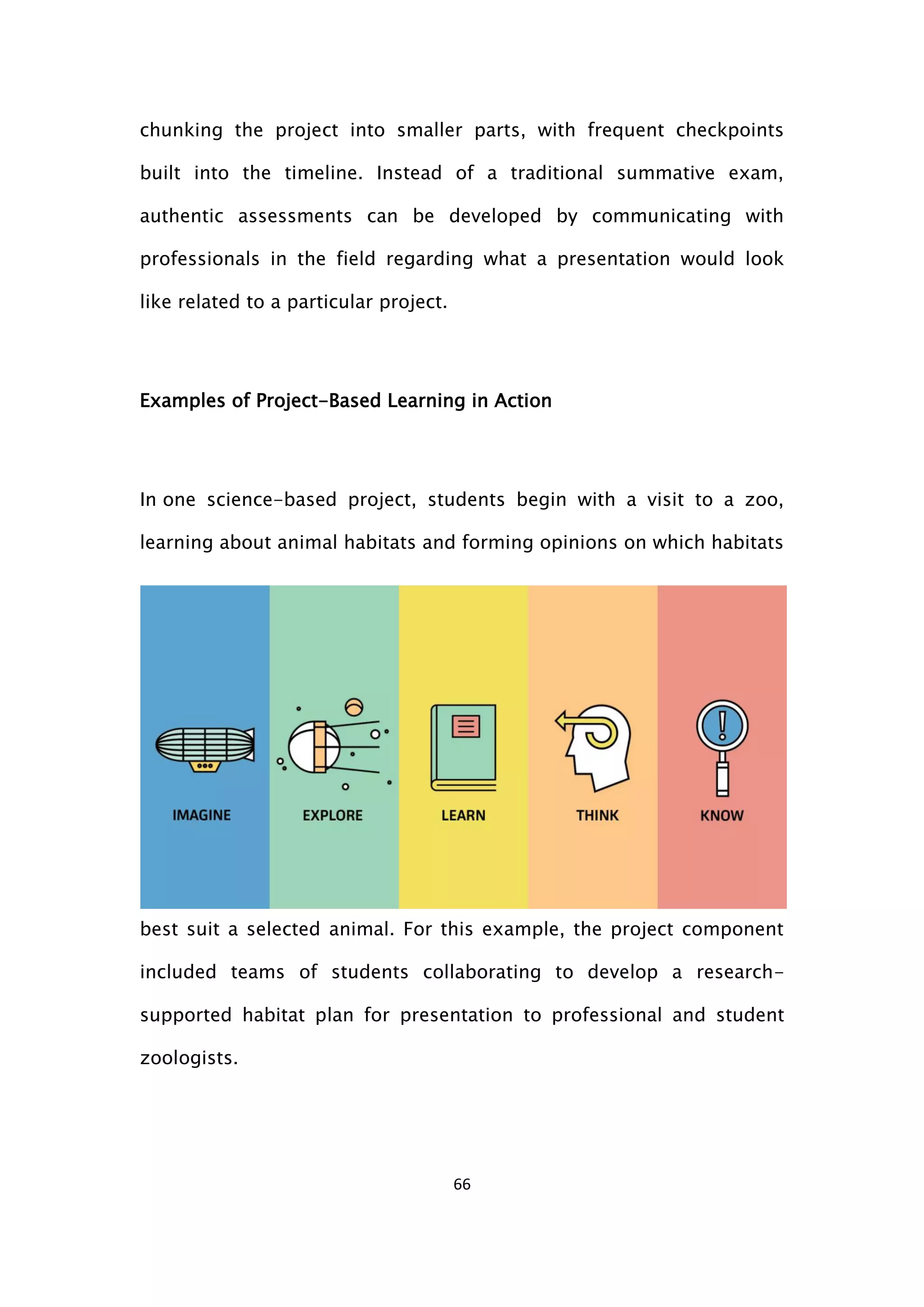 66
chunking the project into smaller parts, with frequent checkpoints
built into the timeline. Instead of a traditional summative exam,
authentic assessments can be developed by communicating with
professionals in the field regarding what a presentation would look
like related to a particular project.
Examples of Project-Based Learning in Action
In one science-based project, students begin with a visit to a zoo,
learning about animal habitats and forming opinions on which habitats
best suit a selected animal. For this example, the project component
included teams of students collaborating to develop a research-
supported habitat plan for presentation to professional and student
zoologists.
 