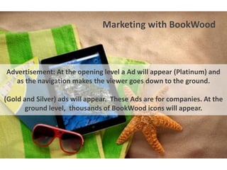 Marketing with BookWood
Advertisement: At the opening level a Ad will appear (Platinum) and
as the navigation makes the viewer goes down to the ground.
(Gold and Silver) ads will appear. These Ads are for companies. At the
ground level, thousands of BookWood icons will appear.
 