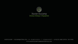 Xavier Ducamp
Directeur Artistique / Infographiste
XAVIER DUCAMP I XDUCAMP@HOTMAIL.COM I M. : +33 (0)6 23 19 52 35 I T. : +33 (0)9 81 81 65 77 I 42 RUE DE L’ABBE CARTON 75014 PARIS
HTTP://XAVIER-DUCAMP-COMMUNICATION.PUZL.COM/
 