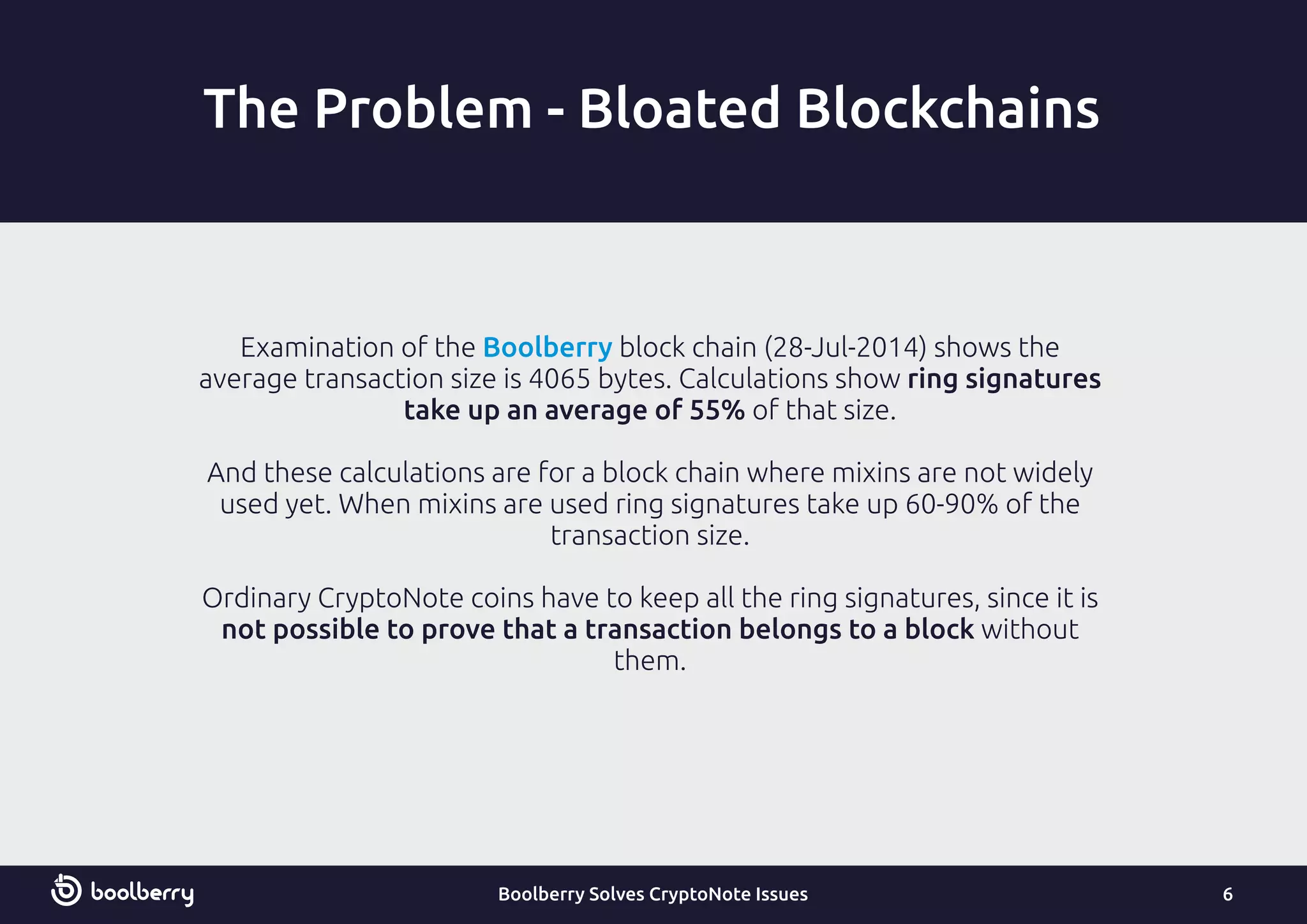 The Problem - Bloated Blockchains
Examination of the block chain (28-Jul-2014) shows theBoolberry
average transaction size is 4065 bytes. Calculations show ring signatures
take up an average of 55% of that size.
And these calculations are for a block chain where mixins are not widely
used yet. When mixins are used ring signatures take up 60-90% of the
transaction size.
Ordinary CryptoNote coins have to keep all the ring signatures, since it is
not possible to prove that a transaction belongs to a block without
them.
6Boolberry Solves CryptoNote Issues
 
