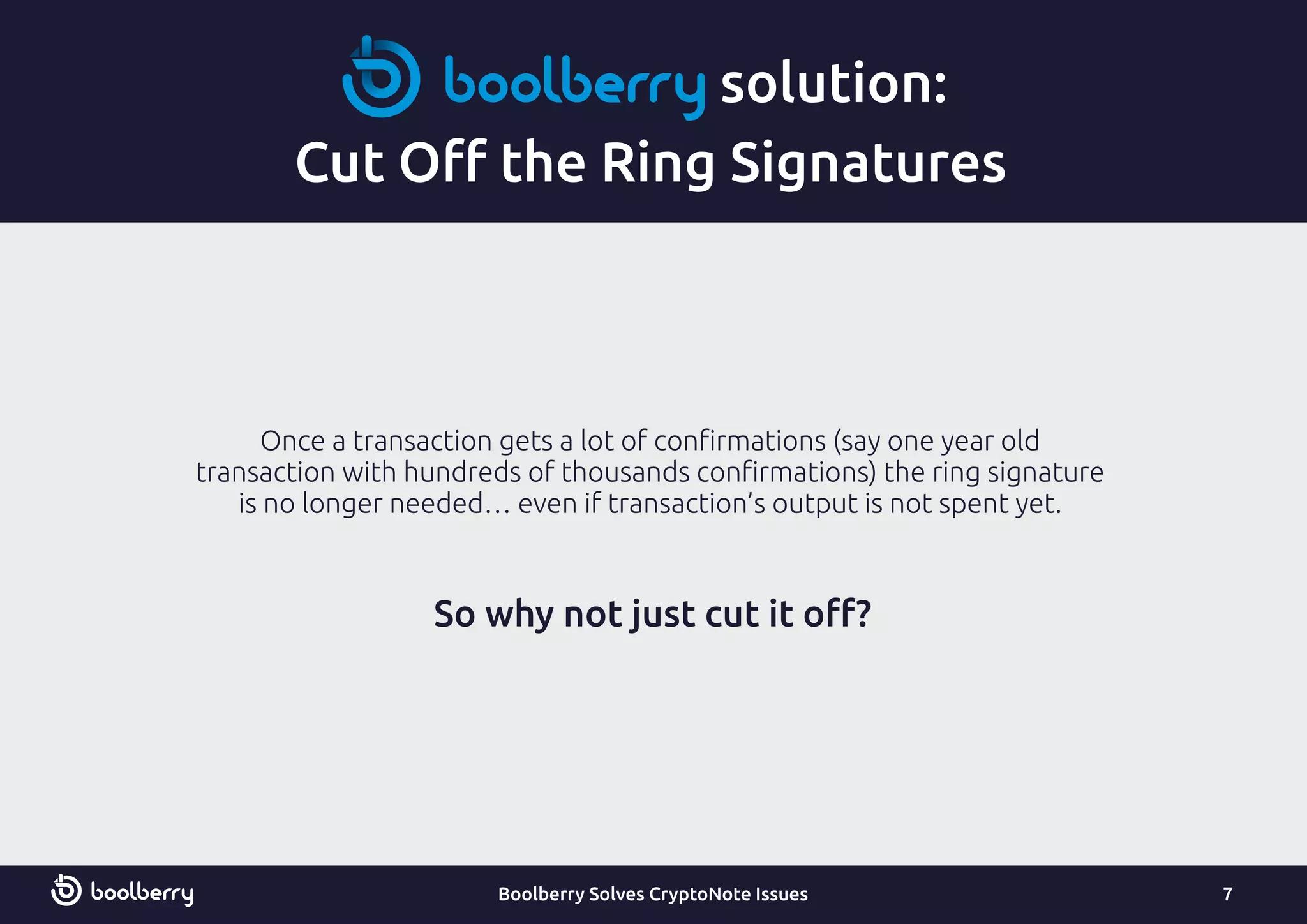 solution:
Cut Oﬀ the Ring Signatures
Once a transaction gets a lot of conﬁrmations (say one year old
transaction with hundreds of thousands conﬁrmations) the ring signature
is no longer needed… even if transaction’s output is not spent yet.
7Boolberry Solves CryptoNote Issues
So why not just cut it oﬀ?
 