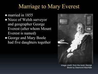 Marriage to Mary Everest
● married in 1855
● Niece of Welsh surveyor
and geographer George
Everest (after whom Mount
Everest is named)
● George and Mary Boole
had five daughters together

image credit: from the book George
Boole by Desmond MacHale

 