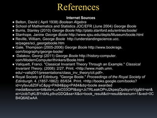 References
Internet Sources
● Belton, David ( April 1938) Boolean Algebra
● School of Mathematics and Statistics JOC/EFR (June 2004) George Boole
● Burris, Stanley (2010) George Boole http://plato.stanford.edu/entries/boole/
● Stanhope, Janine George Boole http://www.sjsu.edu/depts/Museum/boole.html
● Reville, William, George Boole http://understandingscience.ucc.
ie/pages/sci_georgeboole.htm
● Gale, Thompson (2005-2006) George Boole http://www.bookrags.
com/biography/george-boole/
● Dalakov, Georgi (2011) George Boole http://history-computer.
com/ModernComputer/thinkers/Boole.html
● Valiquett, Franci. "Classical Invariant Theory Through an Example." Classical
Invariant Theory. (2008): 2/27. Print. <http://www.math.umn.
edu/~valiq001/presentations/class_inv_theory/cit.pdf>.
● Royal Society of Edinburg. "George Boole." Proceedings of the Royal Society of
Edinburgh. 4. (1857-1862): 85/634. Print. <http://books.google.com/books?
id=ryfavu8Z0FsC&pg=PA84&lpg=PA84&dq=boole awarded
medal&source=bl&ots=LuAiO33OPI&sig=JcTRLeakOPnJ2kpeqOpdsynnVjg&hl=en&
ei=UcibTqKLBYrdiALp9vzGDQ&sa=X&oi=book_result&ct=result&resnum=1&ved=0C
B4Q6AEwAA

 